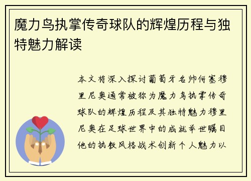 魔力鸟执掌传奇球队的辉煌历程与独特魅力解读